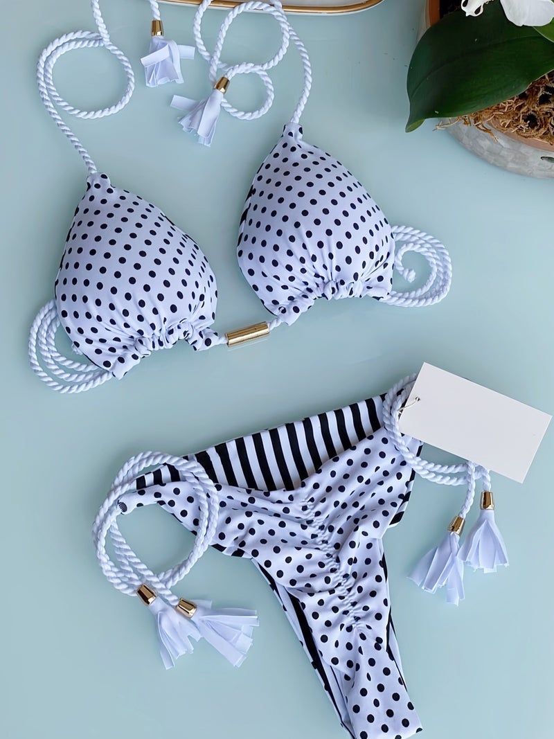 Printed Fabric Rope Bikini Triangle Swimsuit Swimwear - Image 1